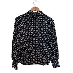 NWT Adrienne Vittadini Women's Blouse B&W Geometric High-Neck Banded‎ Waist Sz